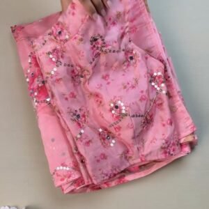 Rosy Muse Mirror-Work Floral Organza Saree Set