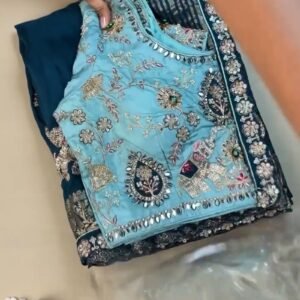 Royal Elephant Motif Embroidered Teal Blue Saree with Sky Blue Blouse – Single Colour Variant