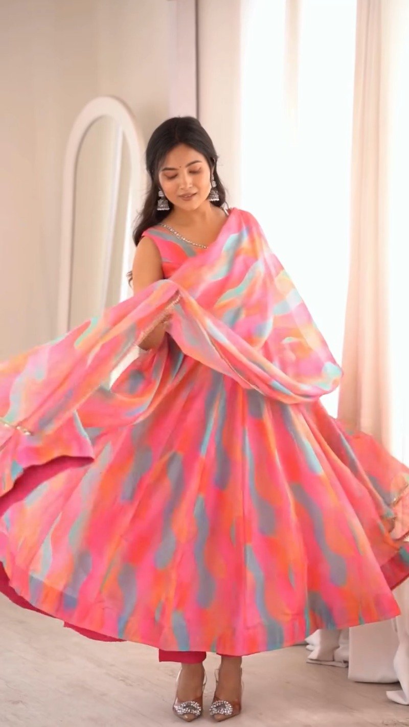 Vibrant Abstract Watercolor Tie-Dye Anarkali Set with Mirrorwork β Pink & Multi-Colour