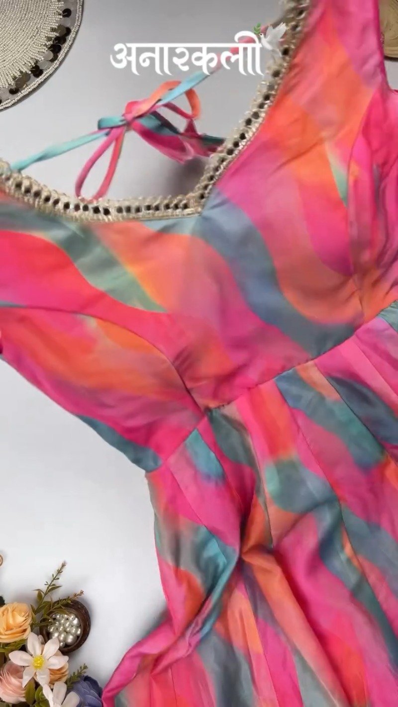 Vibrant Abstract Watercolor Tie-Dye Anarkali Set with Mirrorwork β Pink & Multi-Colour - Image 2