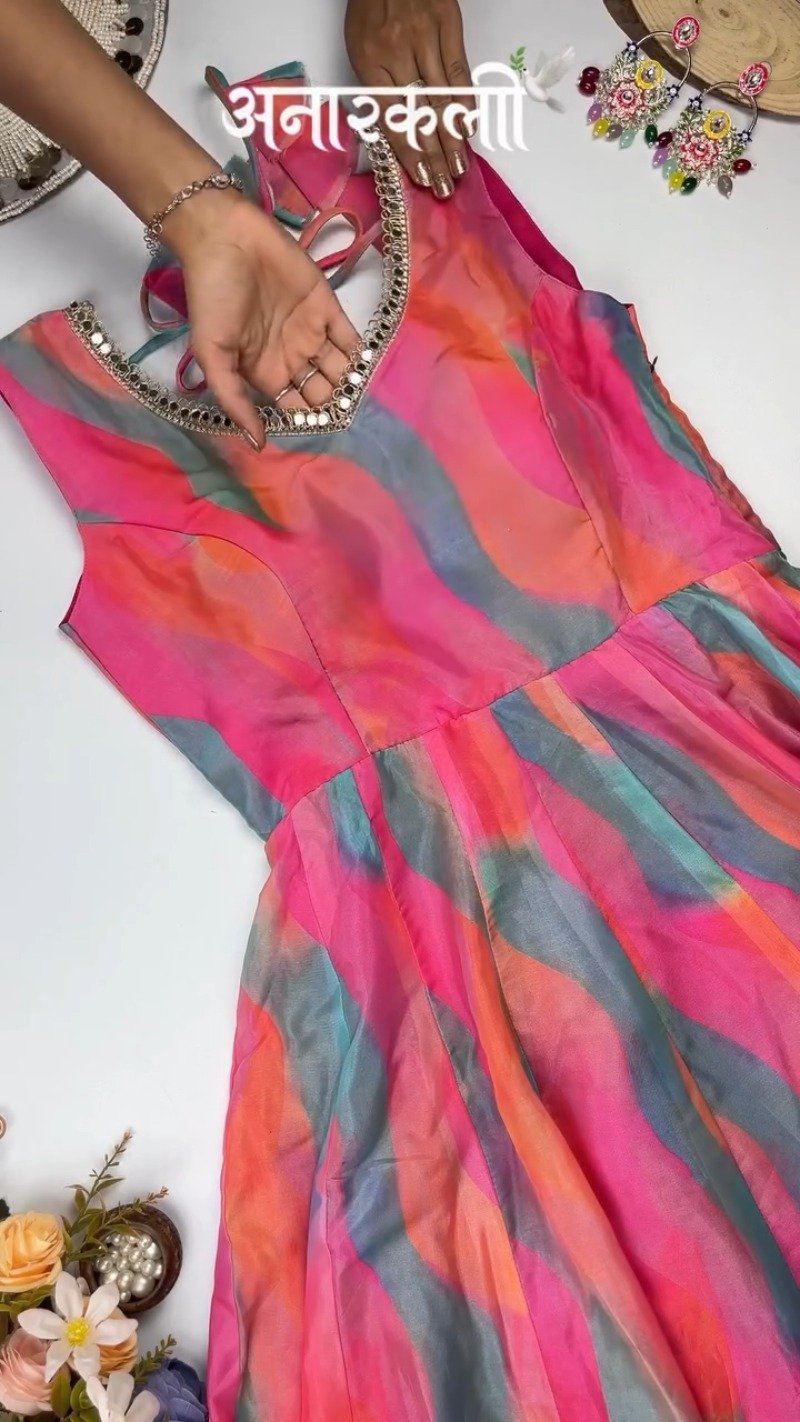 Vibrant Abstract Watercolor Tie-Dye Anarkali Set with Mirrorwork β Pink & Multi-Colour - Image 3