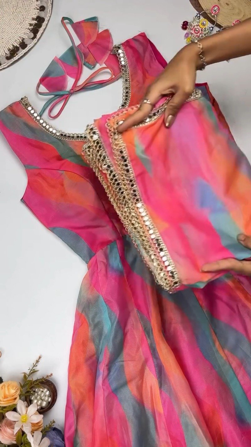 Vibrant Abstract Watercolor Tie-Dye Anarkali Set with Mirrorwork β Pink & Multi-Colour - Image 4