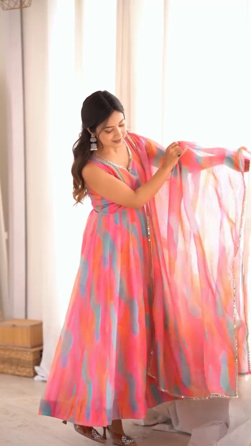 Vibrant Abstract Watercolor Tie-Dye Anarkali Set with Mirrorwork β Pink & Multi-Colour - Image 6