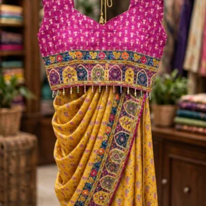 Aurelia Floral Heritage Saree Set with Embellished Border – Available in Vibrant Yellow & Fuchsia