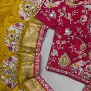 Royal Mustard Silk Saree with Hand-Embroidered Pink Elephant Motif Blouse – Available in Mustard & Pink