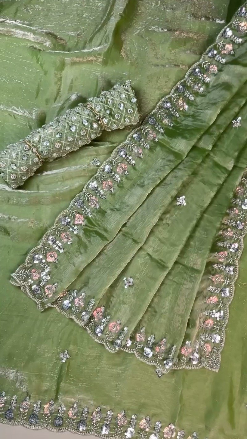 Olive Green Hand-Embellished Organza Saree Set
