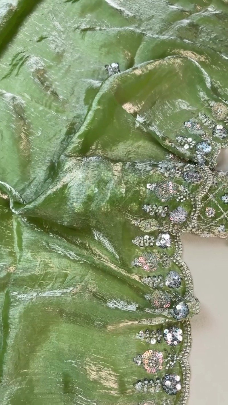 Olive Green Hand-Embellished Organza Saree Set - Image 4
