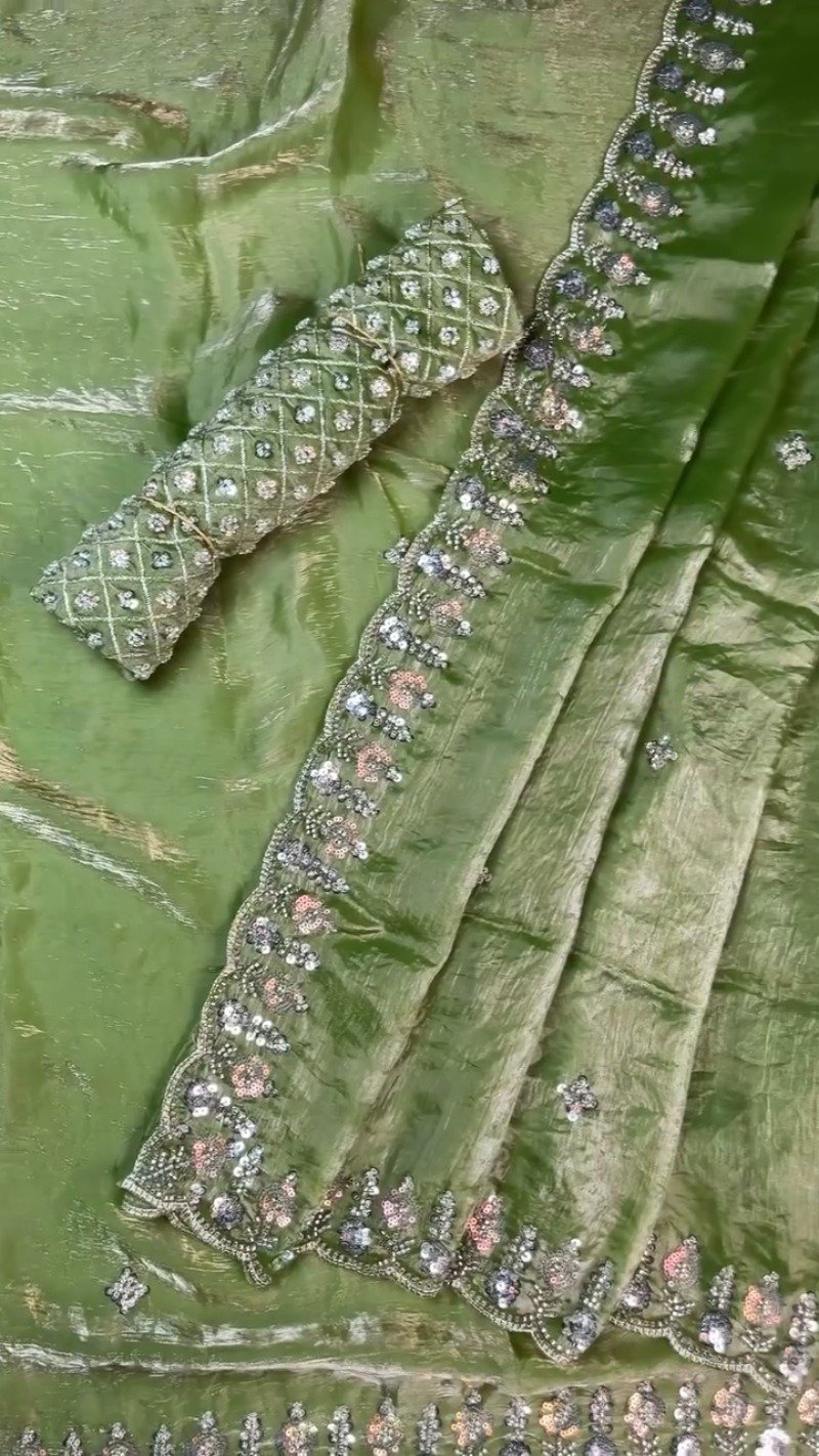 Olive Green Hand-Embellished Organza Saree Set - Image 5