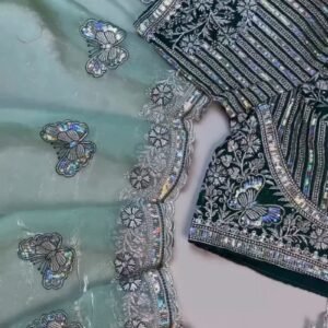 Enchanting Butterfly Motif Embroidered Saree Set – Available in Mint Green & Deep Emerald