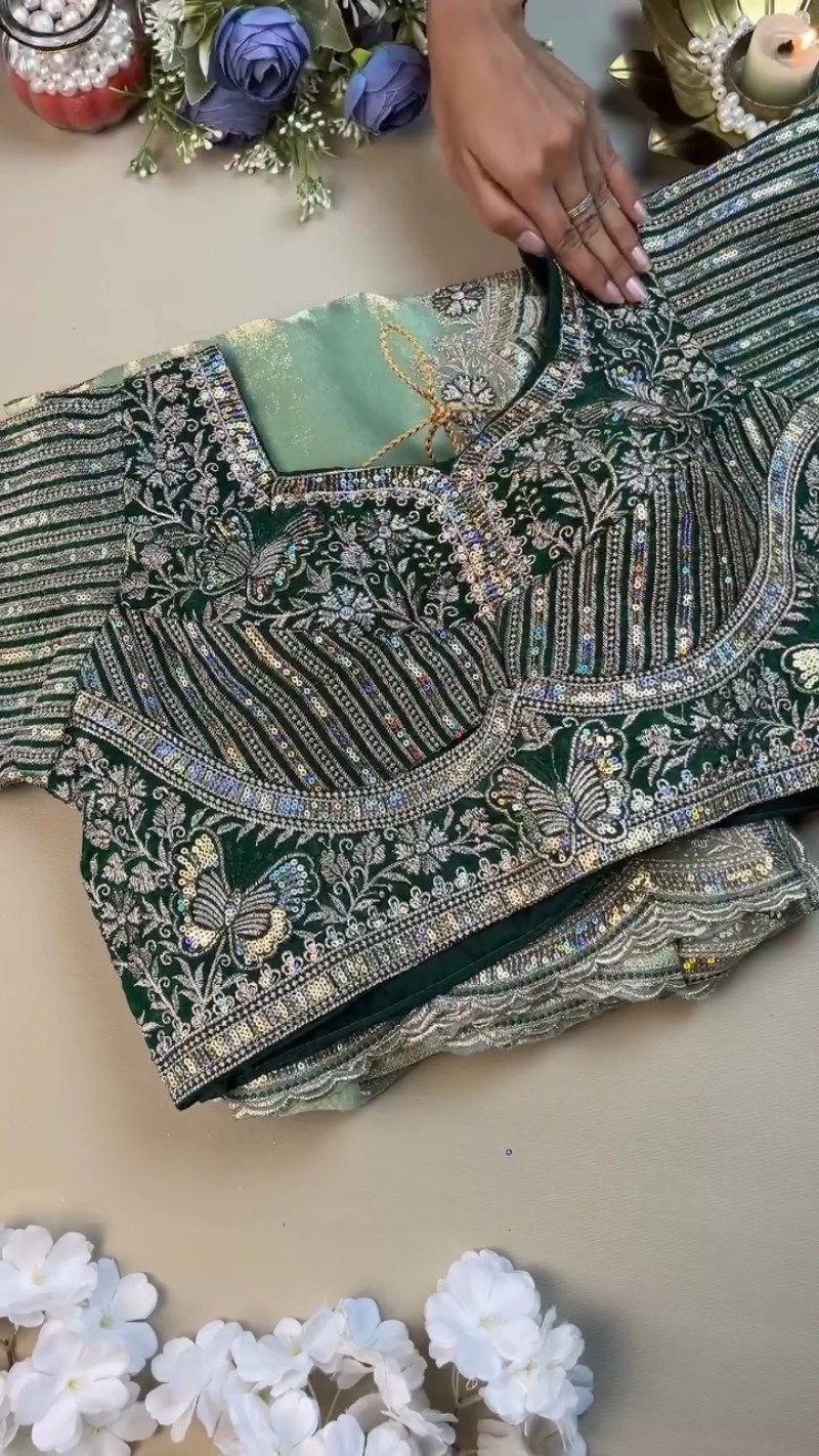 Enchanting Butterfly Motif Embroidered Saree Set β Available in Mint Green & Deep Emerald - Image 2