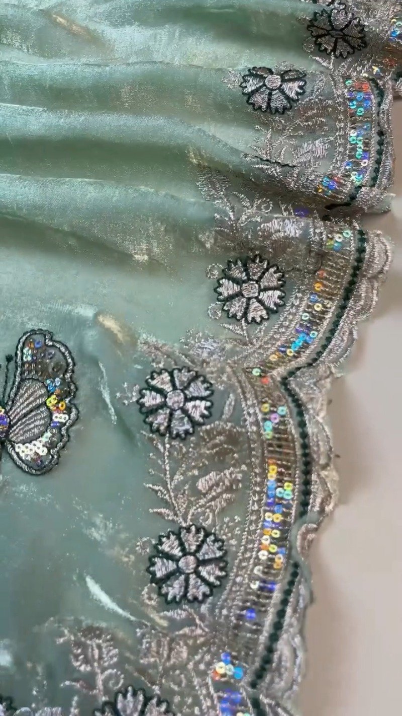 Enchanting Butterfly Motif Embroidered Saree Set β Available in Mint Green & Deep Emerald - Image 3