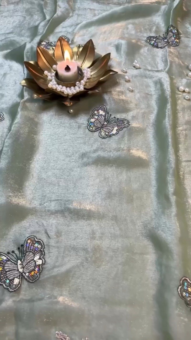 Enchanting Butterfly Motif Embroidered Saree Set β Available in Mint Green & Deep Emerald - Image 4