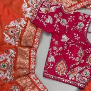 Royal Elephant Motif Hand-Embroidered Saree Set – Available in Orange & Fuchsia Pink