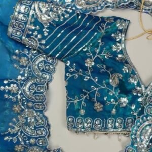 Midnight Teal Shimmer Silk Saree with Intricate Sequin & Zari Embroidery