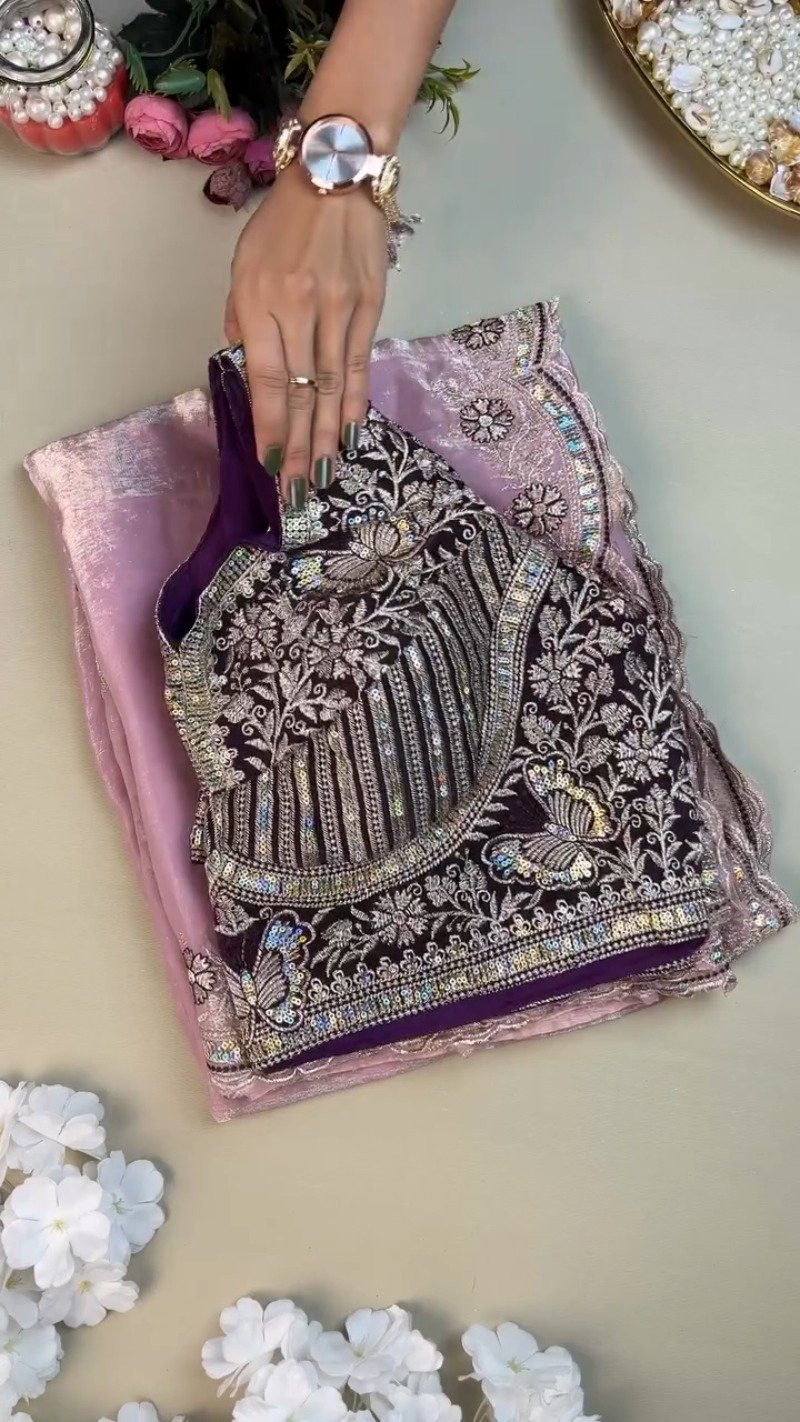 Enchanting Butterfly Embroidered Organza Saree Set β Available in Deep Plum & Soft Blush