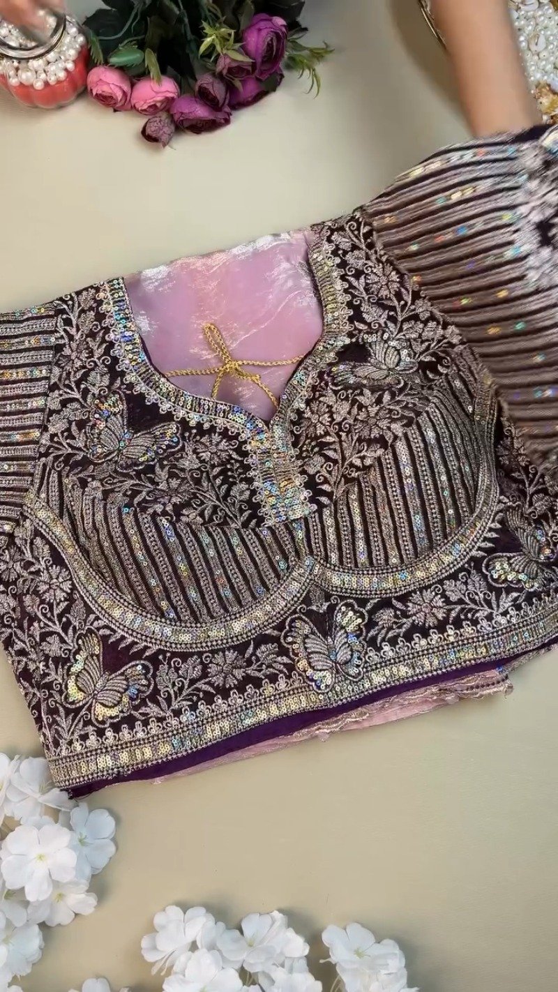 Enchanting Butterfly Embroidered Organza Saree Set β Available in Deep Plum & Soft Blush - Image 2