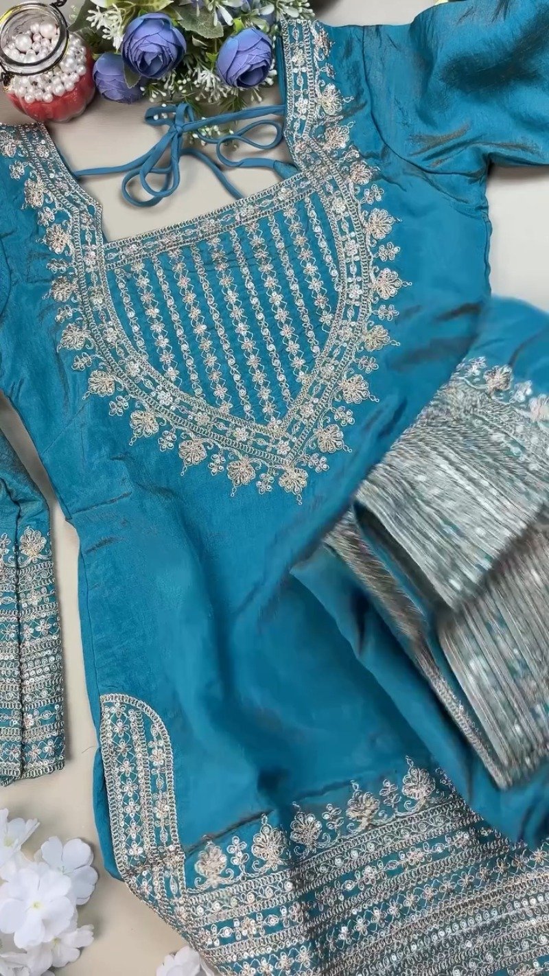 Enchanting Teal Silk Kurta Set with Intricate Silver Threadwork β Available in Classic Teal