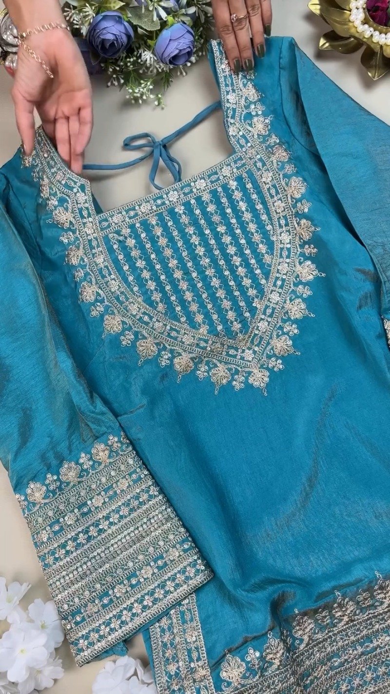 Enchanting Teal Silk Kurta Set with Intricate Silver Threadwork β Available in Classic Teal - Image 2