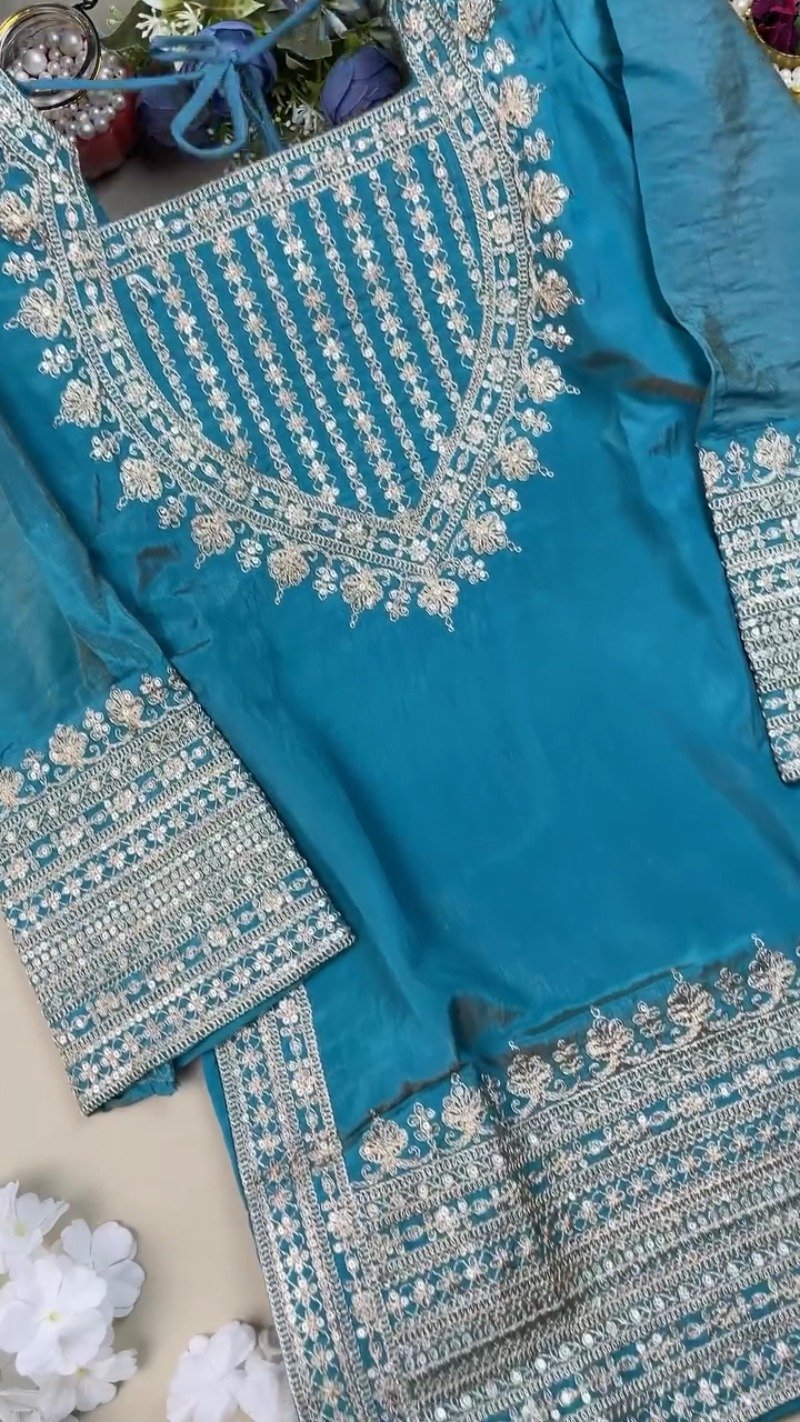 Enchanting Teal Silk Kurta Set with Intricate Silver Threadwork β Available in Classic Teal - Image 4