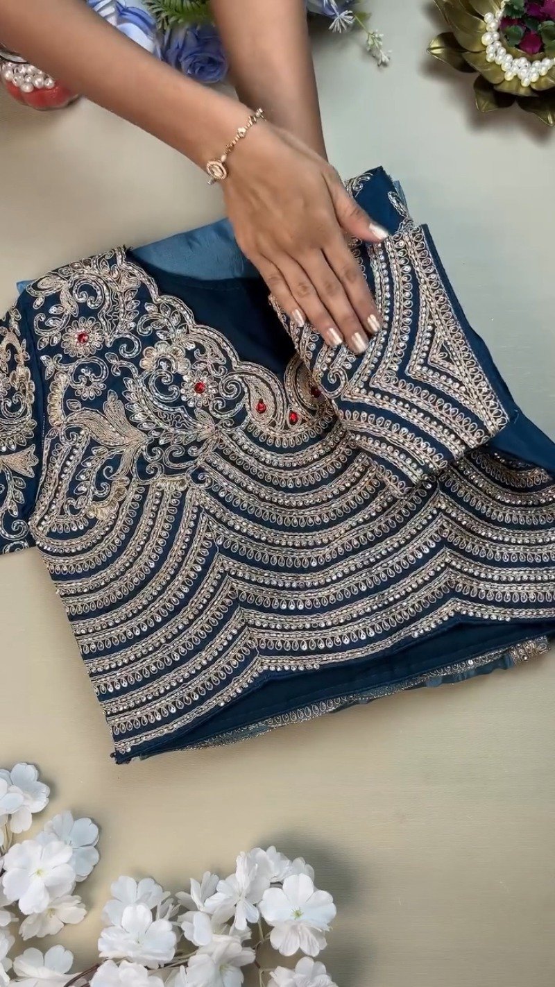 Royal Blue Hand-Embellished Silk Ensemble with Zardozi Detailing – Available in Midnight Blue & Azure Blue - Image 2