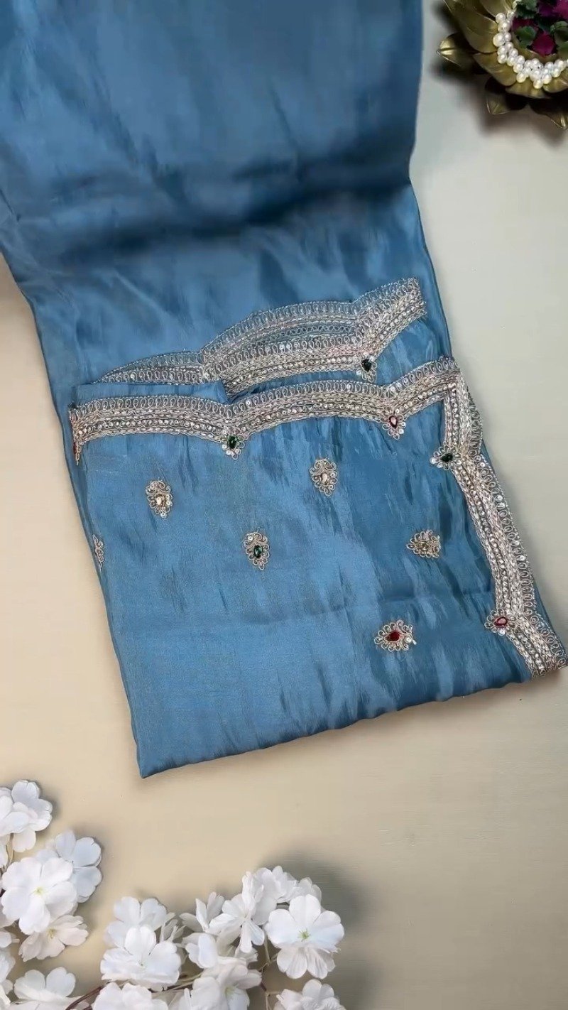 Royal Blue Hand-Embellished Silk Ensemble with Zardozi Detailing – Available in Midnight Blue & Azure Blue - Image 3