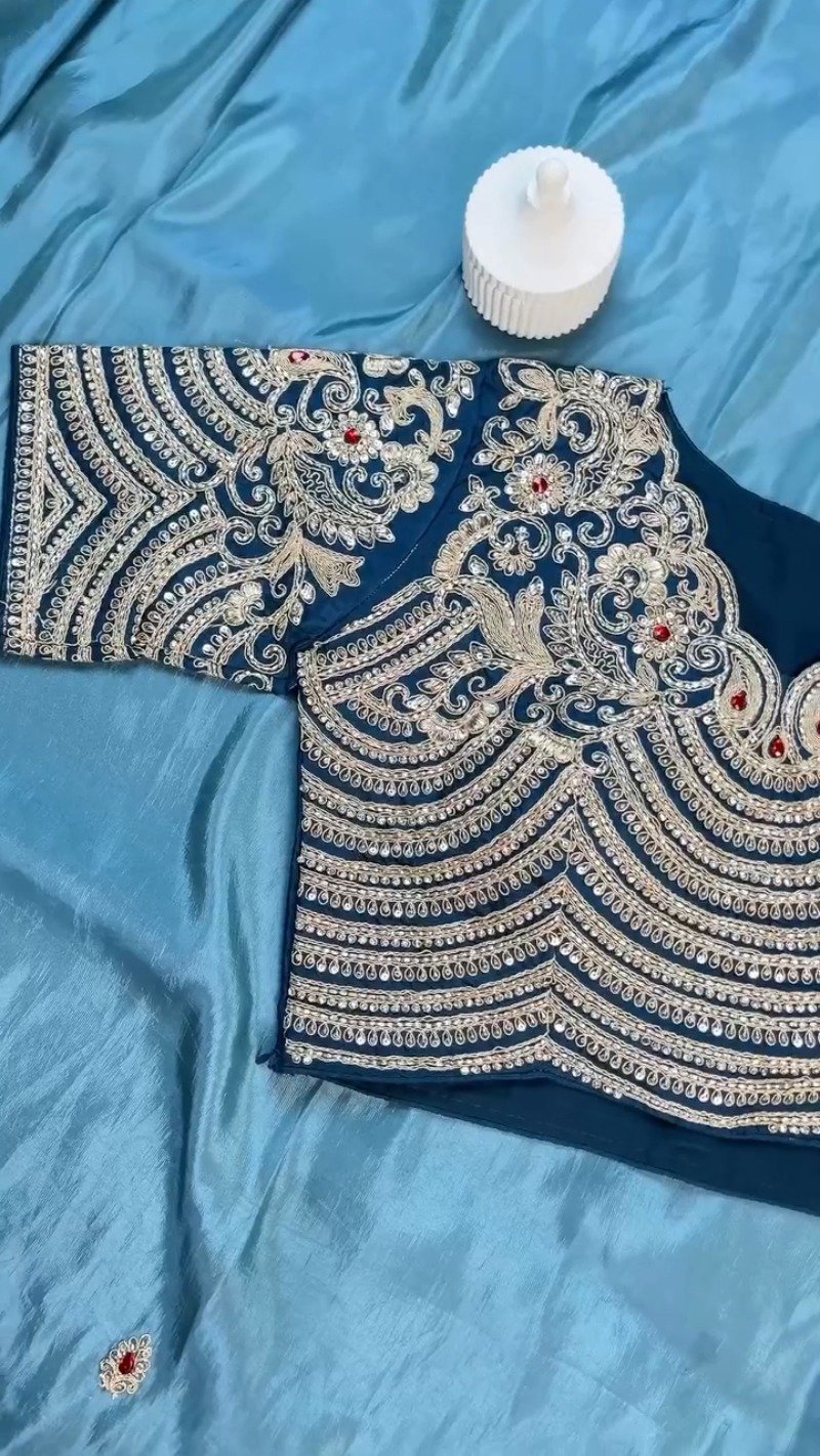 Royal Blue Hand-Embellished Silk Ensemble with Zardozi Detailing – Available in Midnight Blue & Azure Blue - Image 6