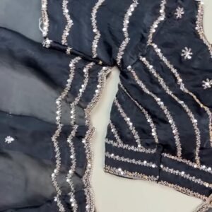 Midnight Radiance Embellished Saree and Blouse Set – Available in Black