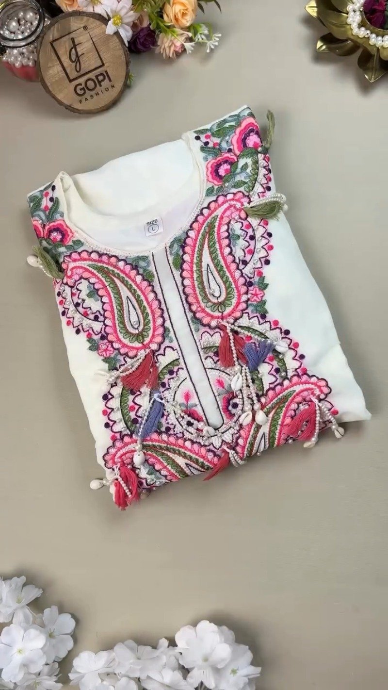 Ivory Embellished Paisley Embroidered Kurta with Tassel Accents
