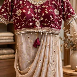 Timeless Elegance Maroon & Champagne Embroidered Saree Set – Available in Single Colourway