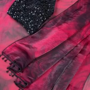 Midnight Radiance Sequin Embellished Saree with Rose-Print Organza – Ruby Red