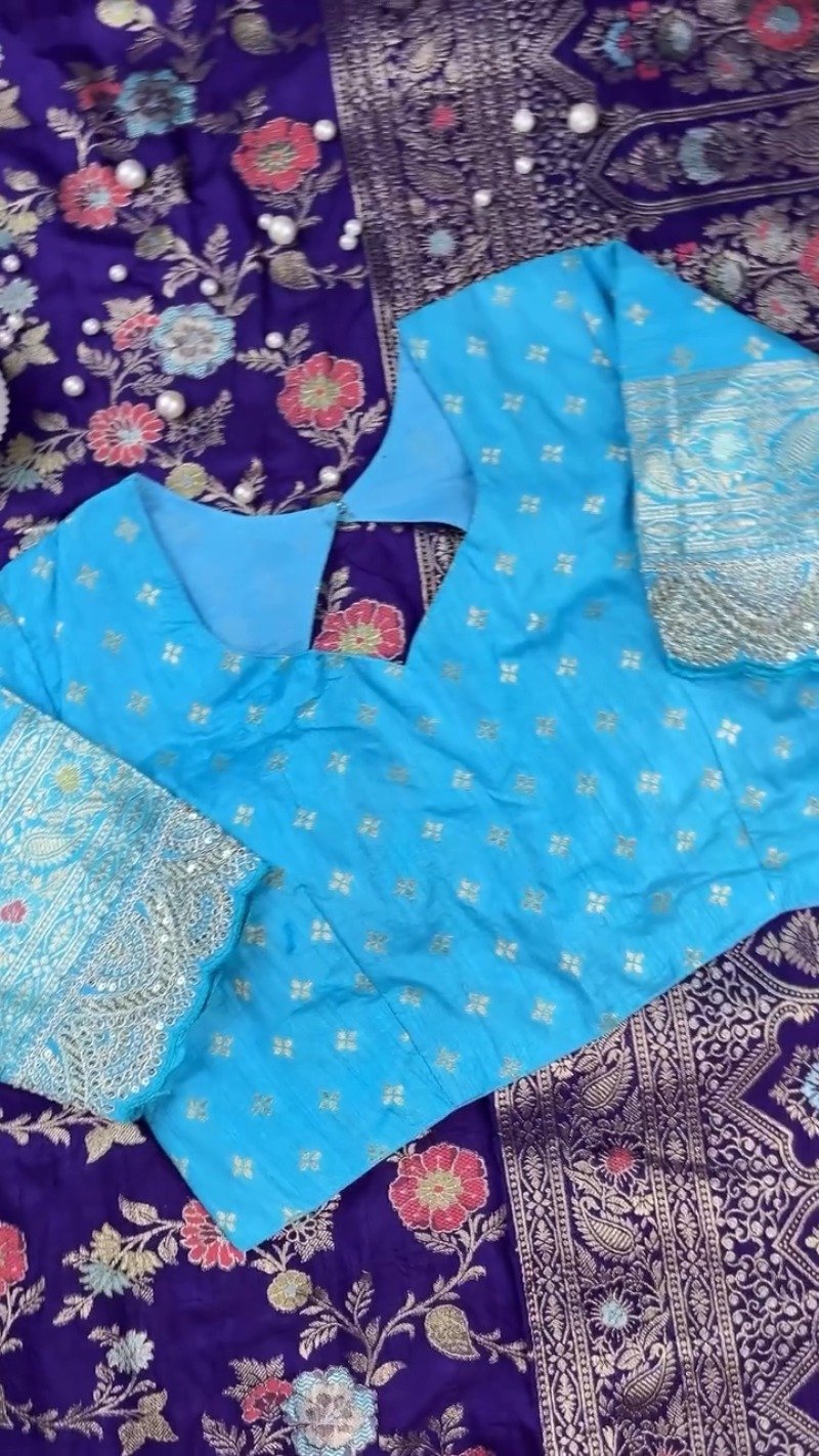 Royal Purple & Azure Blue Banarasi Silk Saree Set β Available in Purple & Blue - Image 4