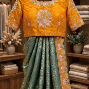 Peacock Motif Embroidered Mustard & Teal Silk Saree Set