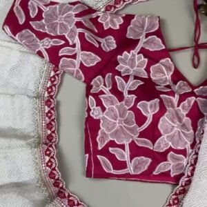 Ivory Chevron Pattern Saree with Embellished Deep Magenta Blouse – Elegant Festive Drape