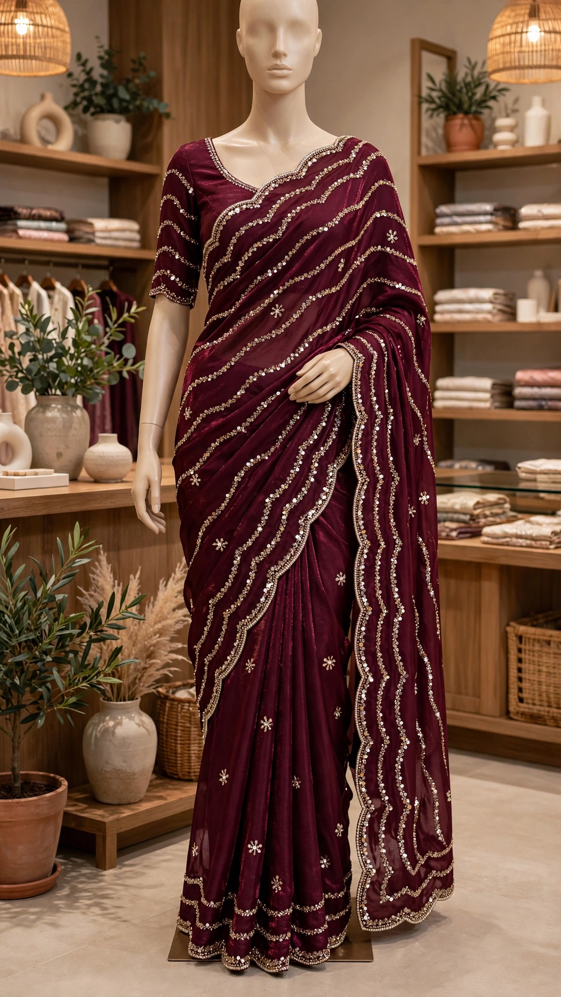 Glimmering Sequin & Embroidered Saree Ensemble โ Available in Teal Blue & Royal Burgundy