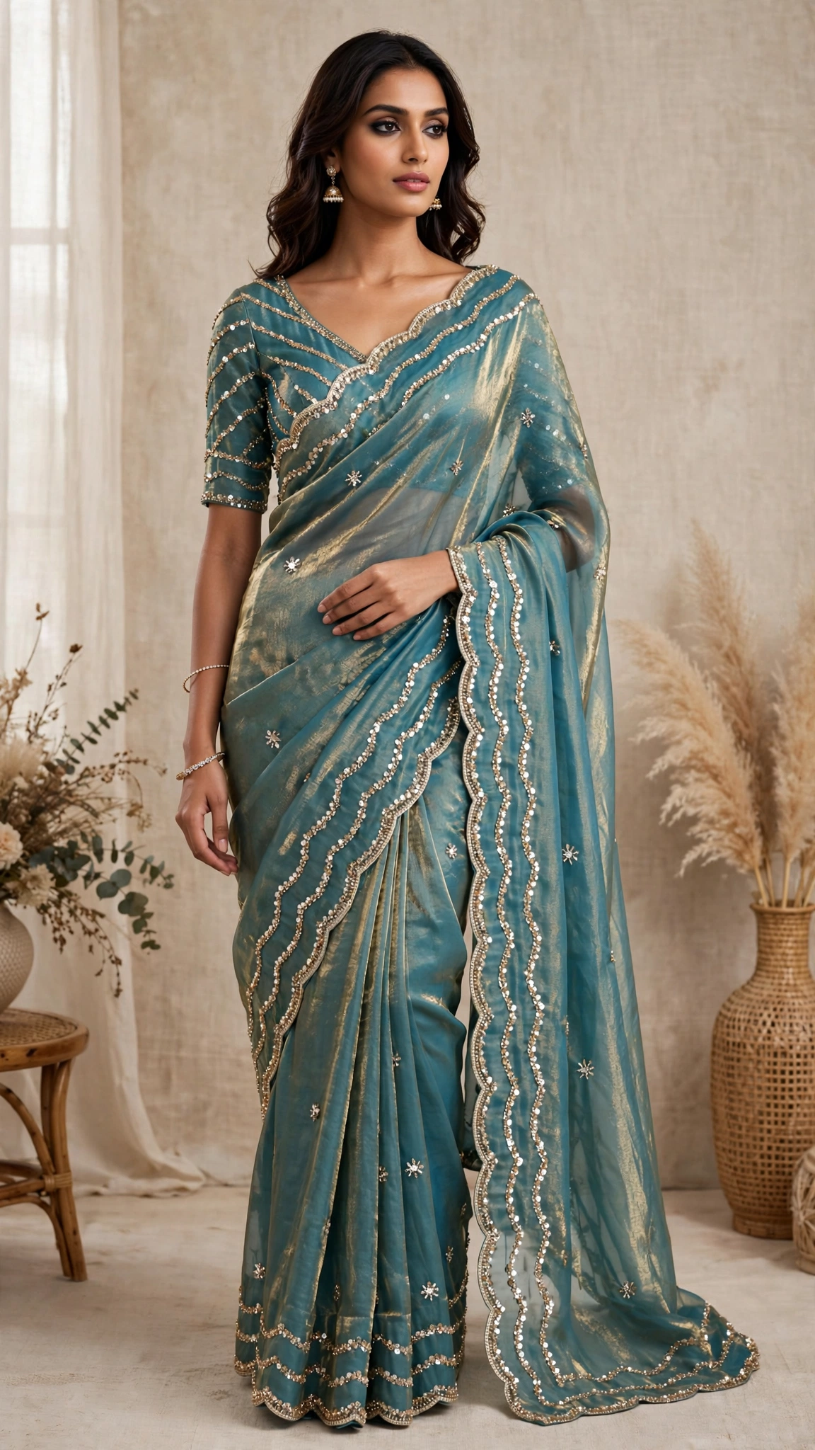 Glimmering Sequin & Embroidered Saree Ensemble โ Available in Teal Blue & Royal Burgundy - Image 2