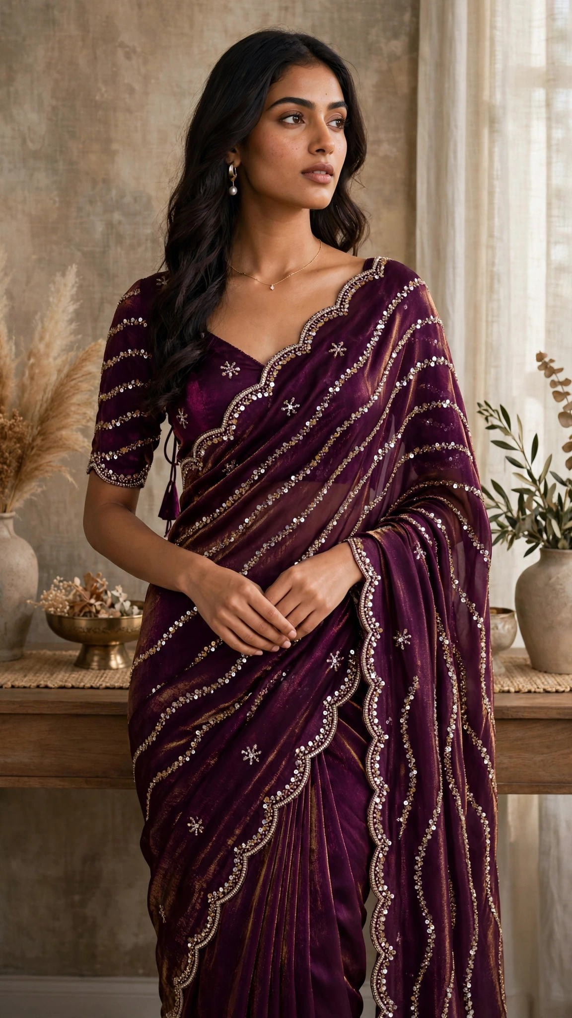 Glimmering Sequin & Embroidered Saree Ensemble โ Available in Teal Blue & Royal Burgundy - Image 3