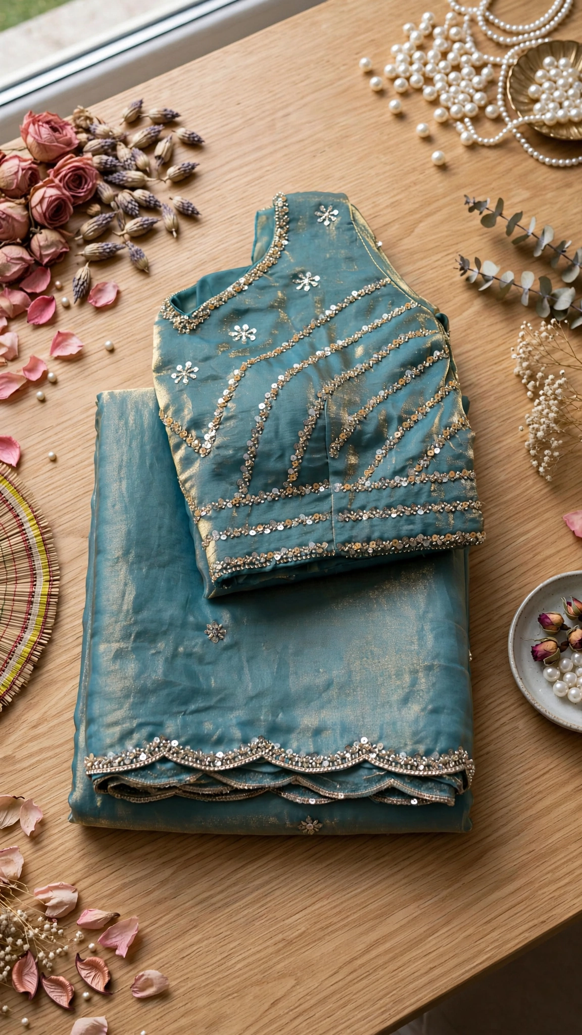 Glimmering Sequin & Embroidered Saree Ensemble โ Available in Teal Blue & Royal Burgundy - Image 5