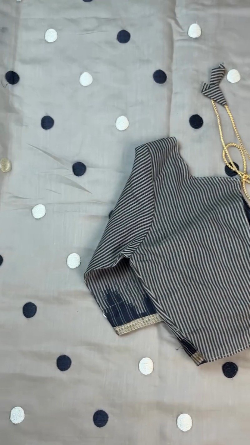 Chic Monochrome Stripe & Polka Dot Handloom Saree with Designer Blouse