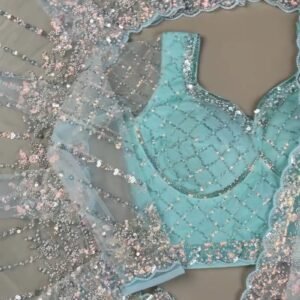 Astra Glacial Blue Sequin-Encrusted Net Saree with Designer Blouse