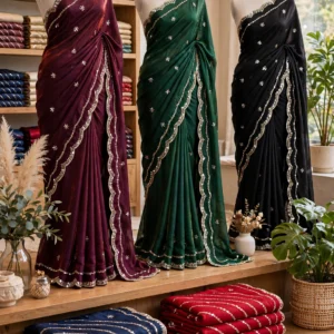 Enchanting Sequined Scalloped Border Saree Set – Available in Deep Plum, Emerald Green, Midnight Black, Rustic Orange, Blush Pink & Cream White