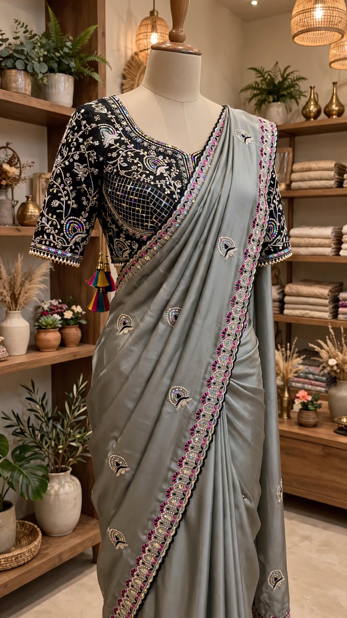 Midnight Allure Embroidered Saree with Draped Blouse β Slate Grey Elegance - Image 2