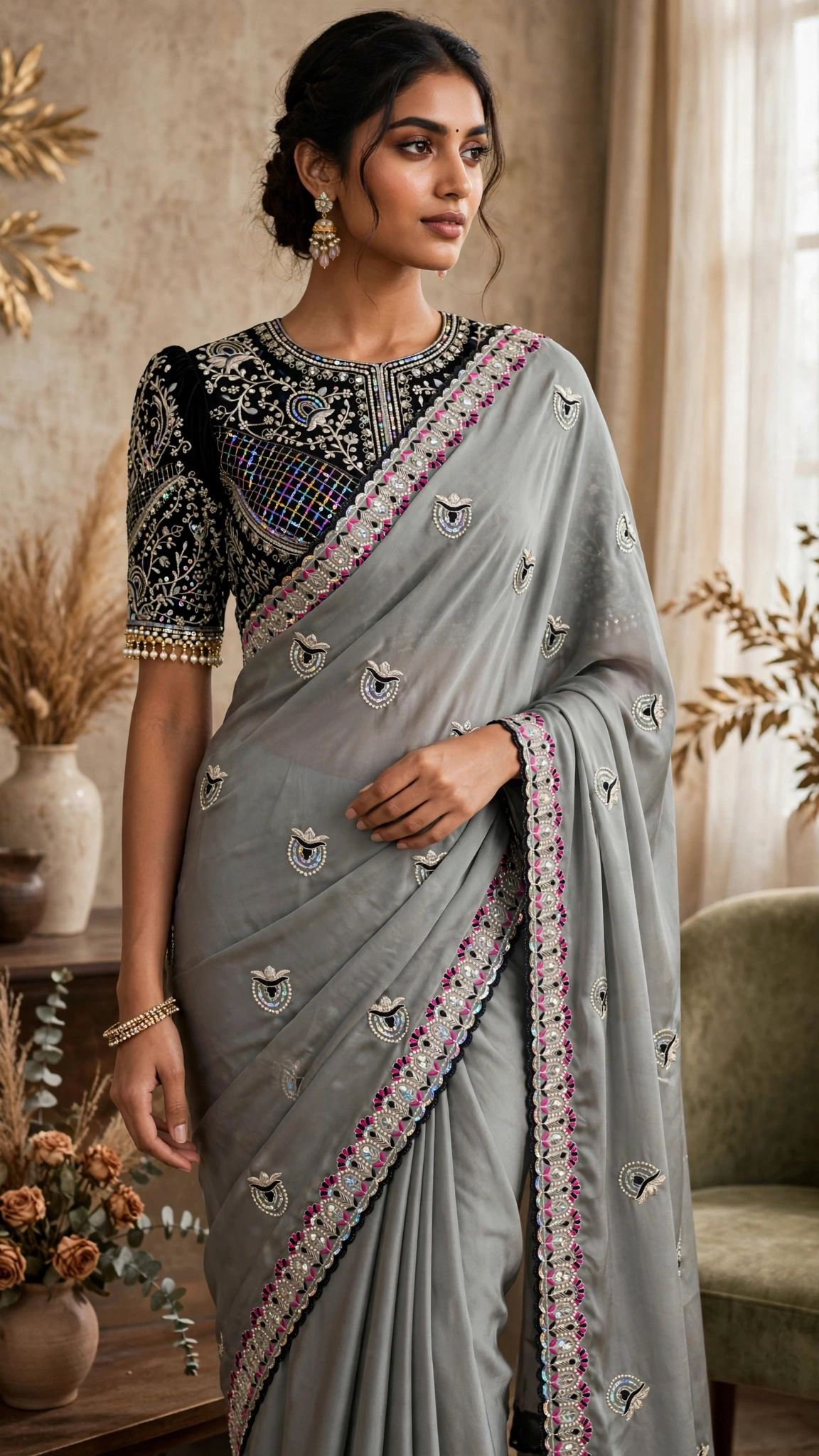 Midnight Allure Embroidered Saree with Draped Blouse β Slate Grey Elegance - Image 3