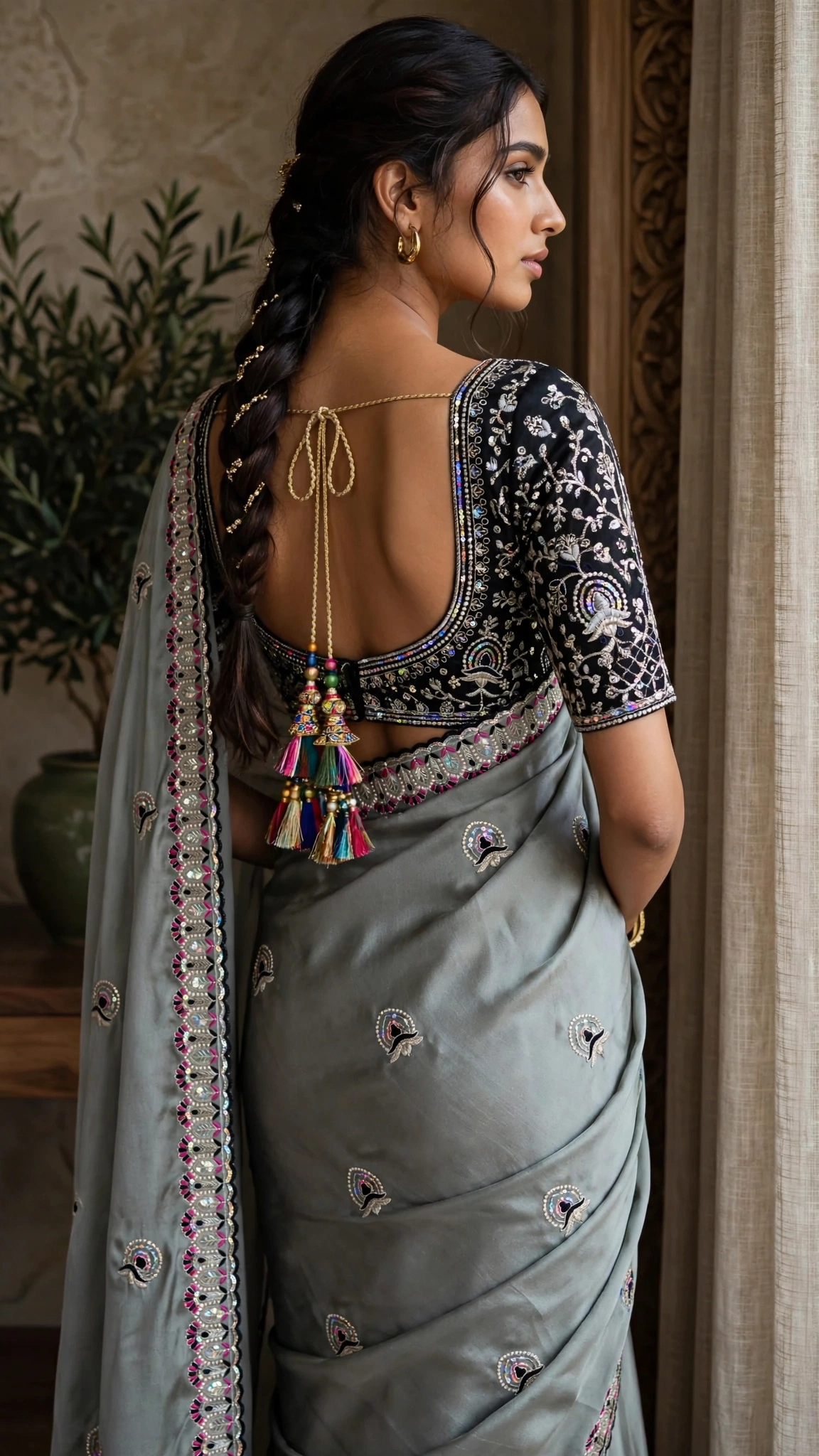 Midnight Allure Embroidered Saree with Draped Blouse β Slate Grey Elegance - Image 4