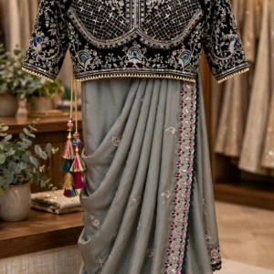 Midnight Allure Embroidered Saree with Draped Blouse – Slate Grey Elegance