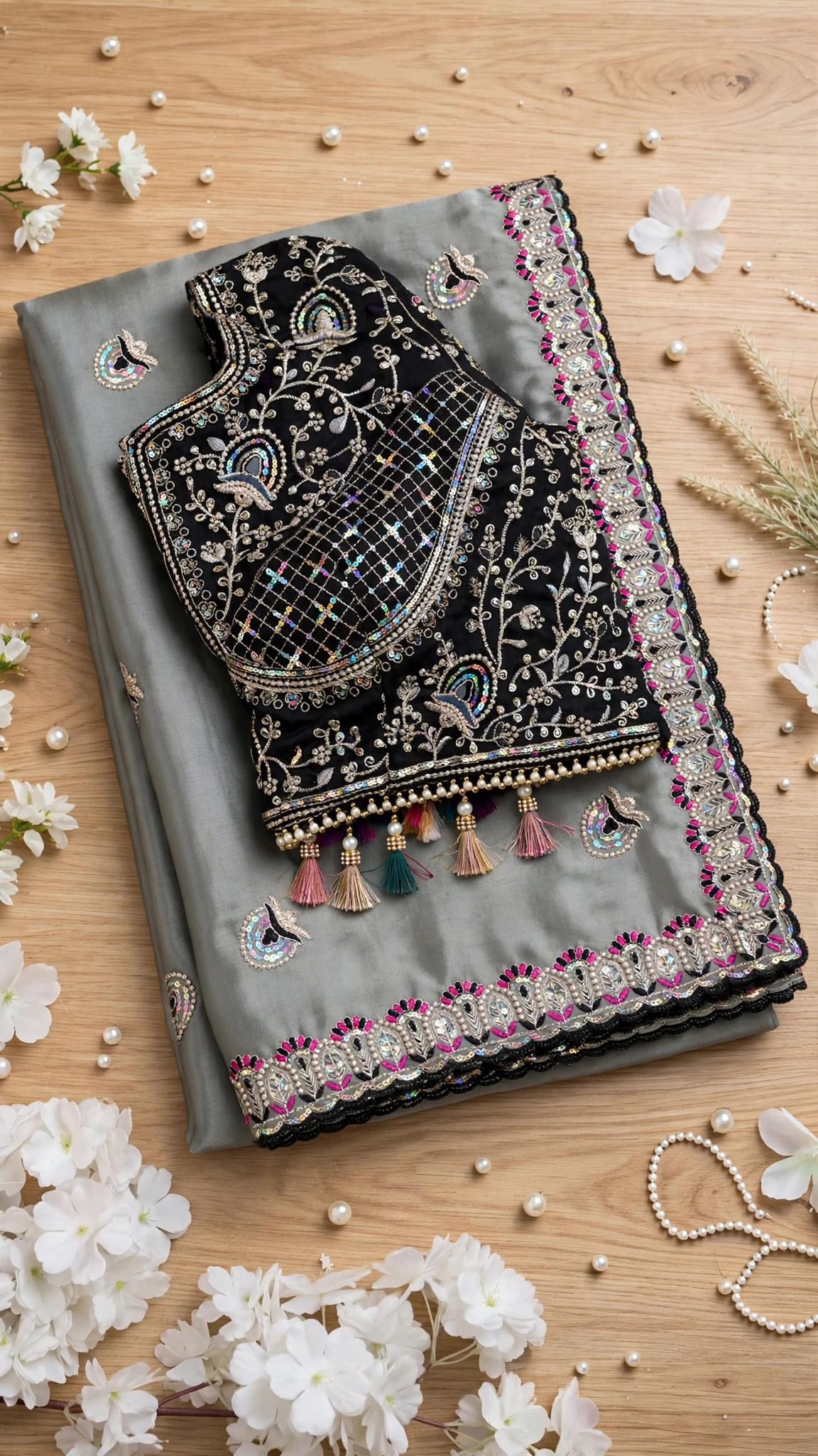Midnight Allure Embroidered Saree with Draped Blouse β Slate Grey Elegance - Image 5