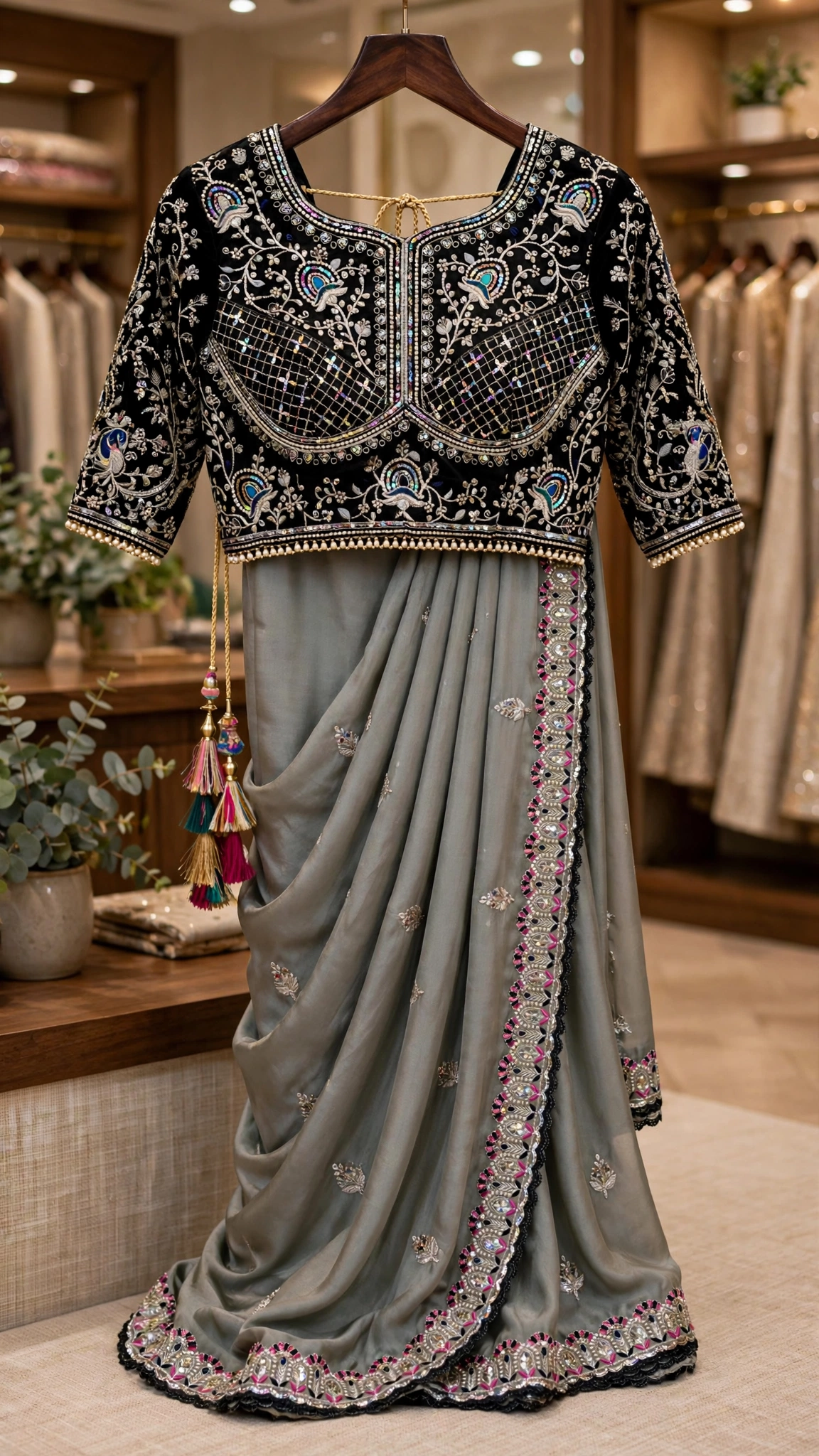 Midnight Allure Embroidered Saree with Draped Blouse β Slate Grey Elegance