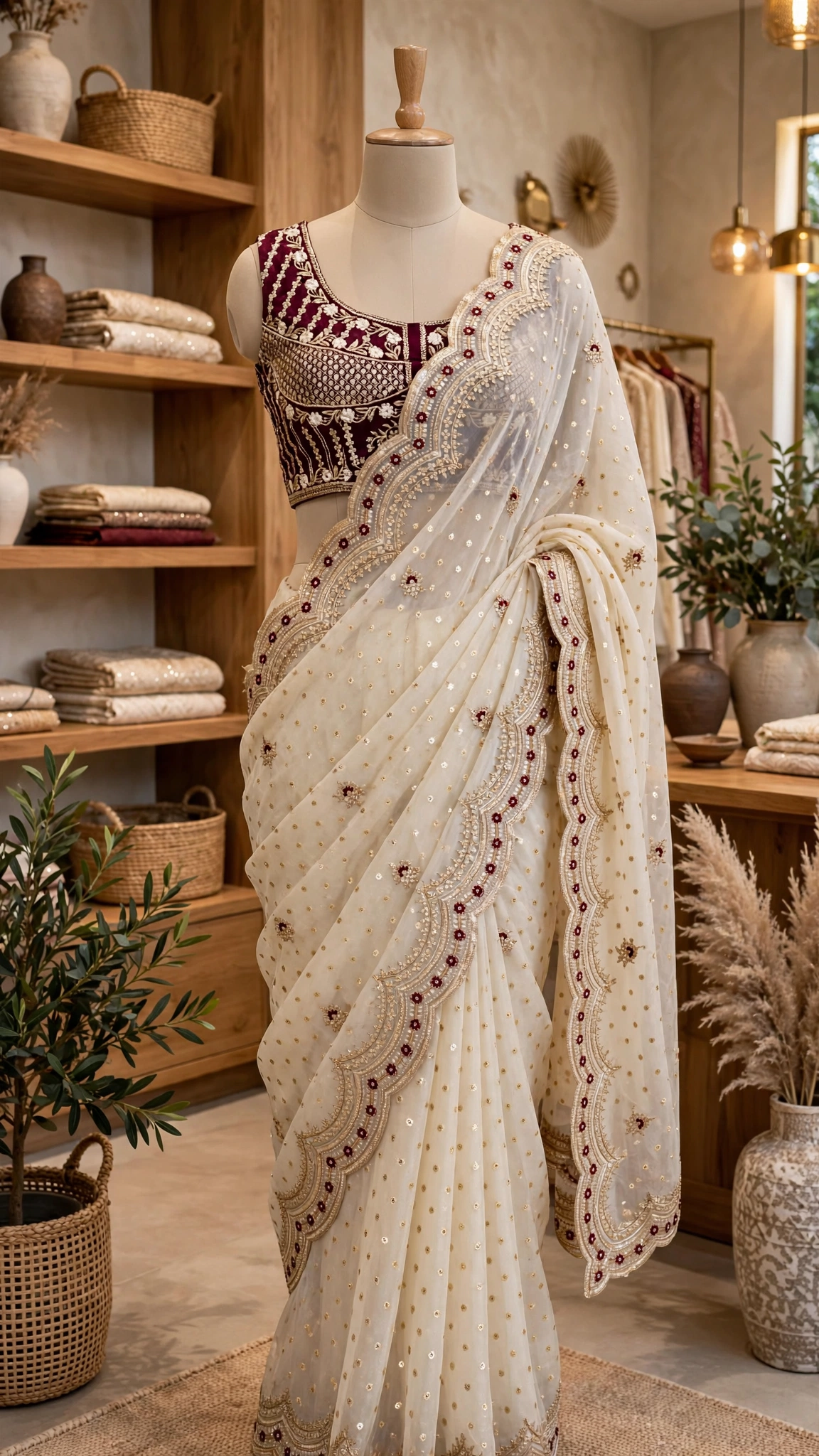 Ivory Embellished Organza Saree with Embroidered Velvet Blouse โ Festive Elegance Collection - Image 2