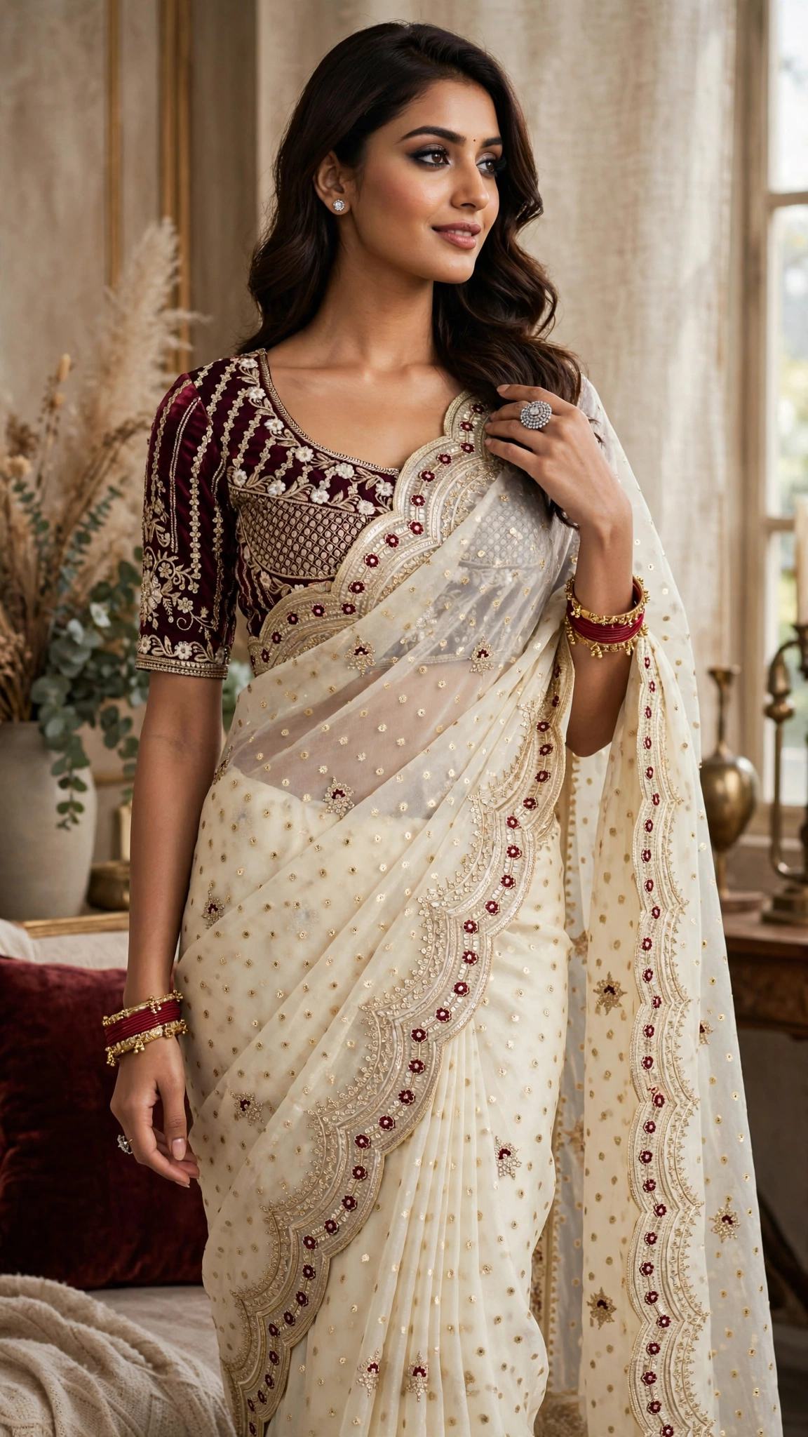 Ivory Embellished Organza Saree with Embroidered Velvet Blouse โ Festive Elegance Collection - Image 3