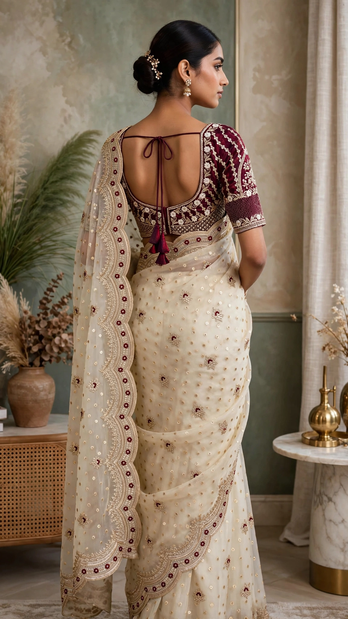 Ivory Embellished Organza Saree with Embroidered Velvet Blouse โ Festive Elegance Collection - Image 4