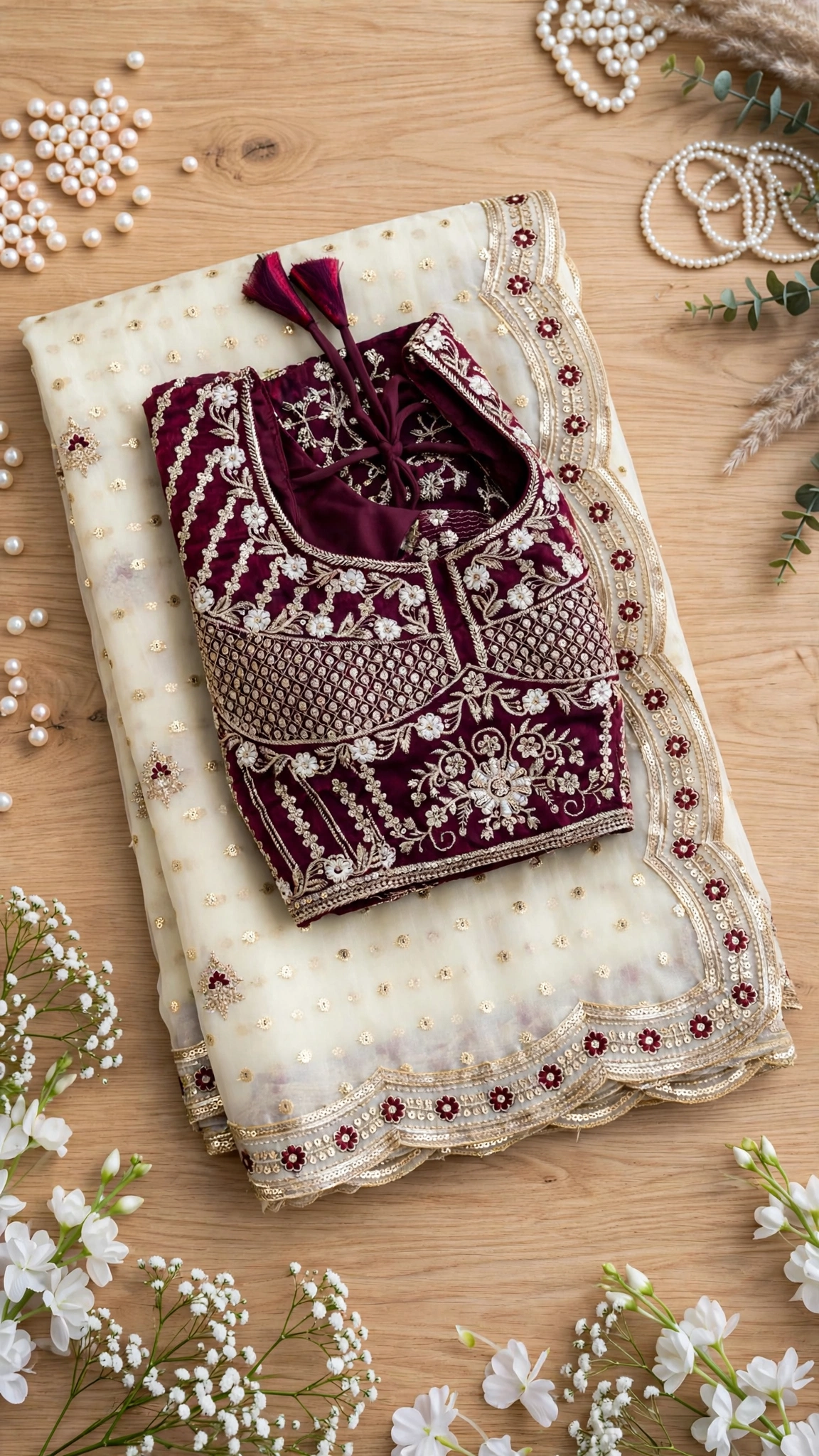 Ivory Embellished Organza Saree with Embroidered Velvet Blouse โ Festive Elegance Collection - Image 5